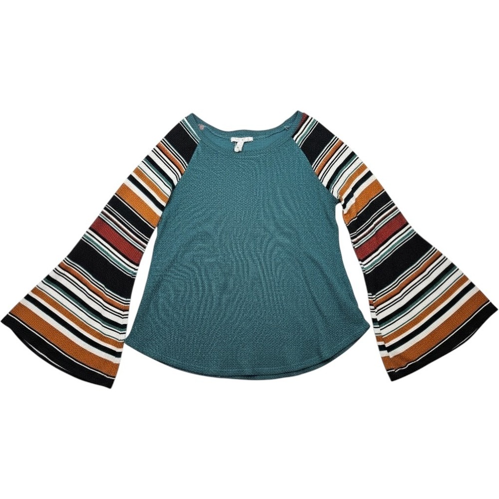 Lovely J Womens Small Teal Waffle Knit Bell Sleeve Striped Raglan Top Boho